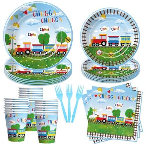 APOWBLS Train Birthday Plates And Napkins Party Supplies Dinnerware, Train Birthday Decorations, Plate, Cup, Napkin, Fork, Train Theme Chugga Choo Party Supplies For 1st 2nd 3rd Birthday | 24 Guests