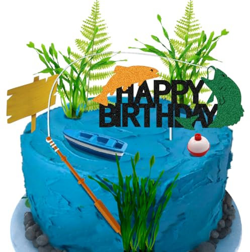 ChoJoy 12PCS Gone Fishing Cake Topper Fishing Cake Decorations with Fish Fishing Rod Float Seaweed Boat for Gone Fishing Themed Birthday Party (Happy Birthday)