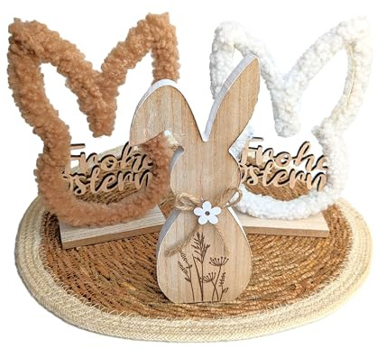 Osterdeko Set 3x Osterhase + 1x Platzset weiß beige Holz Fell Plüsch | Schmucks HOME decona