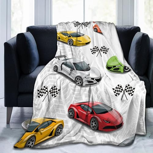 Abaysto Überwurfdecke mit Rennwagen-Motiv für Kinder, mehrfarbig, Sport-Rennwagen, flauschige Plüschdecke für Jungen, Geschenk, Auto-Flanelldecke mit karierter Flagge für Kinder, Teenager, 100 x 130
