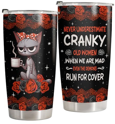 34HD Cat Gifts for Cat Lovers, Cat Tumbler 20 Oz Stainless Steel with Lid, Angry Cat Roses Cup, Christmas Cat Coffee Mug, Cat Birthday Gifts for Women
