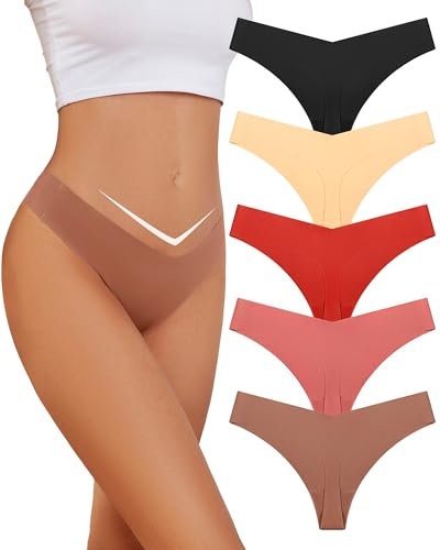 VOENXE Culotte Femme sans Coutures, Invisible String Tanga Taille Basse, Sexy Chic Slip Microfibre Shorty, sous-VêTements Seamless Thong Underwear Women Lot De 5