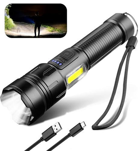 AiQInu Linterna led recargable 10000 Lúmenes, COB Linterna Super Potente, USB-C Linternas Tácticas Recargables, 4 Modos de Luz, Zoomable, IPX4 Impermeable para Cámping,En el exterior