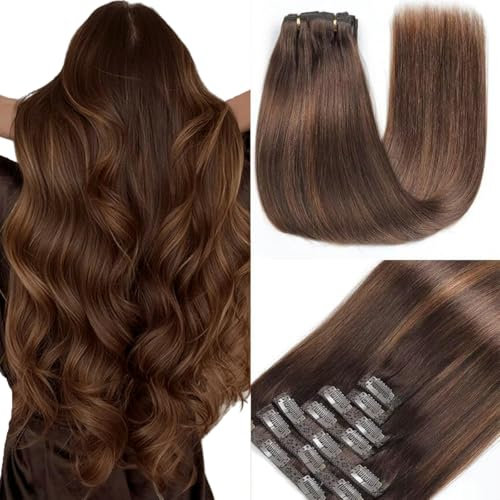 GUDOZO Clip in Extensions Echthaar 7pcs 35cm 80g Dunkelbraun mit Chestnut Brau Invisible Clip Extensions Echthaar Extensions Echthaar Clip Extensions Skin Weft Haarverlängerung(14Zoll,2/2/6#)