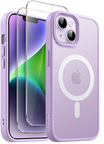 JETech 3 in 1 Magnetische Hülle für iPhone 14 6,1 Zoll mit 2 Stück Gehärtetes Glas Schutzfolie, Kompatibel mit MagSafe, Transluzente Matt Rückseite Stoßfeste Handyhülle (Helles Lila)