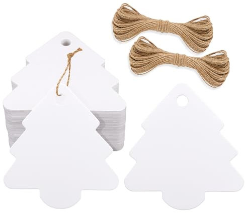 G2PLUS Weihnachtsbaum Geform Geschenkanhänger - 100 Stück Weiß Weihnachten Etiketten Tags - 6x6 CM Papier Hängeetiketten mit Schnur zum Adventskalender und Weihnachtsgeschenke verziert