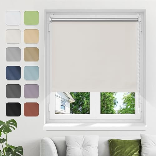 Verdunklungsrollo ohne Bohren Klemmfix, Creme B60xH120cm Thermo Rollos für Fenster ohne Bohren Rollos Für Innen Verdunkelung& Sonnenschutz Seitenzugrollo Klemmrollos für Fenster