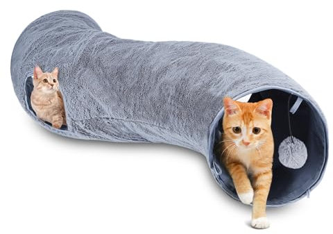 Nobleza S-förmiger Katzentunnel, Faltbare Katzentunnel aus Kurzplüsch, Interaktive Aussichtsloch Katzenspieltunnel mit Katzenspielzeug Ball, L108cm, Grau