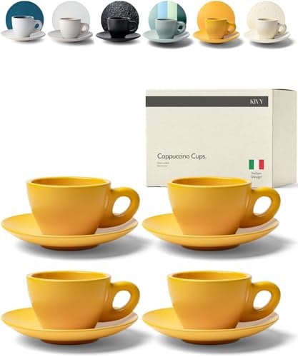 KIVY Cappuccino Tassen Set [4x 240ml] - Barista Cappuccino Tassen - Cappuccino Tassen aus dickwandigem Steingut - Tasse mit Untertasse - Cappuccino-Tassen in Handarbeit gefertigt - Gelb Orange
