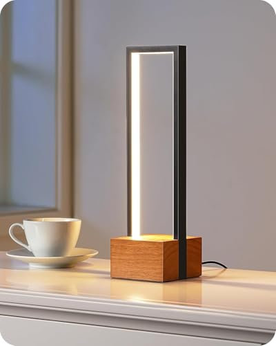 Dimmbare LED-Tischlampe, quadratische moderne Nachttischlampe mit 3-Farb-Temps, Aluminiumrahmen, komplette hölzerne Basis, Touch Control Schalter Nachttisch Lampe für Schlafzimmer (schwarz)