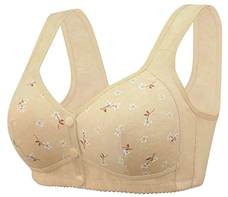 PrinStory Bras for Women Front Fastening Bras for Women Wireless Snap Closing Ladies Bras Comfort Women's Bras for The Elderly (Apricot Daisy, 40B)
