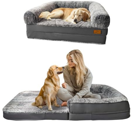 BingoPaw Hundebett für Menschen Hunde: 180x96x10 cm Hundebett für Erwachsene und Haustiere, XXXL faltbar orthopädisches Hundebetten in Menschengröße mit waschbarem PV-Samtbezug PU-Leder, grau