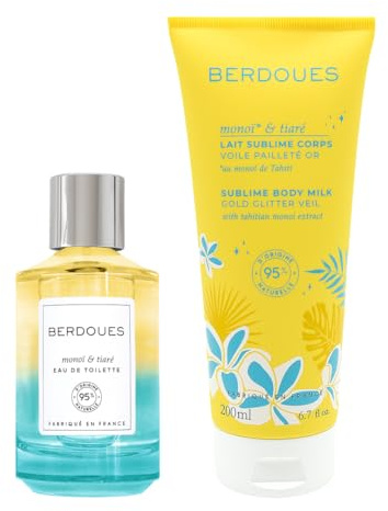 BERDOUES - Lot Eau de toilette et Lait corps pailleté Monoï Tiaré. Lot solaire et exotique. Parfum femme. Made in France, Vegan. 100ml et 200ml