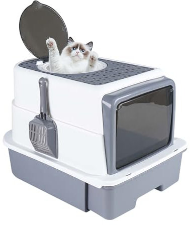 Truevaste Katzenklo XL für Kleine Mittelgroße Katzen bis 10kg, Geschlossenes Katzentoilette mit Deckel, Ausziehbares Tablett & 2 Eingänge, Katzenklo-Schaufel & Fellpflege-Ring (50x35x35)