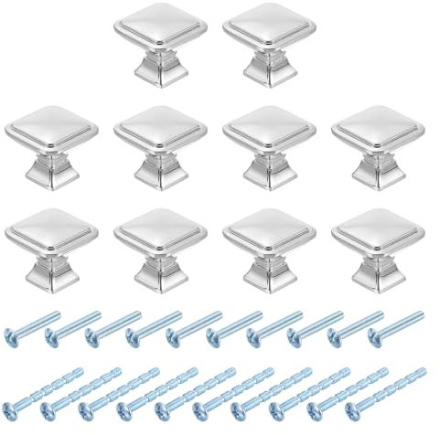 sourcing map 10Pcs Square Cabinet Knobs, 1.2 Inch Square Kitchen Cabinet Knob Zinc Alloy Drawer Knob Handle Pulls for Kitchen Cabinets Bedroom Dresser Wardrobe, Silver