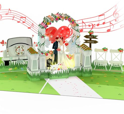 Joyoldelf Pop Up Hochzeitskarte - 3D Bogen Hochzeitskarten mit Musik und Licht, Glückwunschkarte zur Hochzeit, Gutschein für Hochzeitsreise & Flitterwochen Geschenk