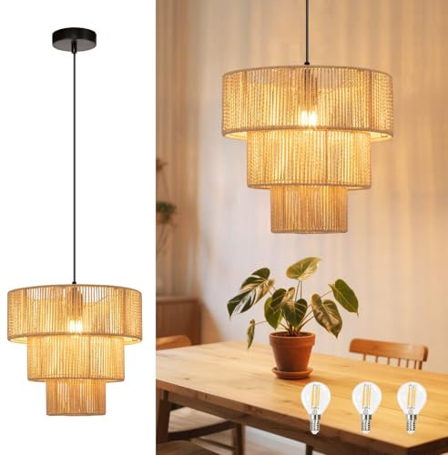 ZMH Hängelampe Esstisch LED Pendelleuchte: Rattan Boho Hängeleuchte Schlafzimmer Ø35cm Esstischlampe Hängend Küchenlampe Wohnzimmer E27 Pendellampe für Küche Bar Resturant, 3x Glühbirne inklusive