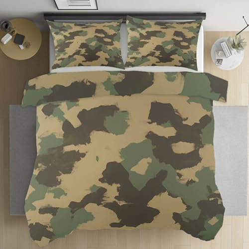 Sobhdga Tarnmuster Camouflage Bettwäsche 135x200 3teilig, Camo Jagd Armee Bettwäsche-Sets Mikrofaser, Army Green Bettbezug Weich, mit Reißverschluss Und 2 Kissenbezug 80x80 cm