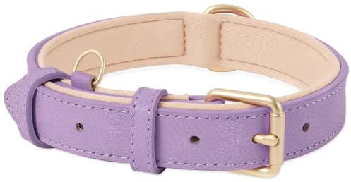 HEELE Soft Leather Dog Collar Breathable Padded with D Ring, New Pad Colour, Adjustable Classic Dog Pet Collar for Small Medium Large Dogs, Lilac, S