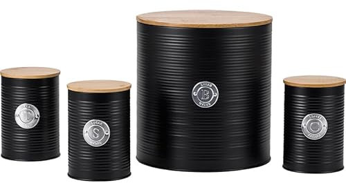 EHC Set of 4 Tea, Sugar, Coffee & Bread Bin Canisters Set, Kitchen Storage Jars with Lids Airtight, Containers Canisters Jars Set of 4, Black