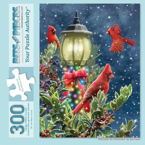 Bits and Pieces 300 Piece Puzzles for Adults 300 Large Pieces 18 x 24 Jigsaw Puzzles, Cardinals Snow Lamp Post, Random Die Cut, No 2 Pieces Alike, Welcome to Christmas
