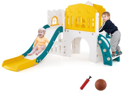 COSTWAY Kinder Rutsche, 9 in 1 Kinderrutsche mit Basketballkorb, Klettergerüst, Tunnel, Teleskop & Stauraum, Kinder Spielplatz, Indoor Outdoor, Kleinkinderrutsche ab 1 Jahre alt (Gelb+Grün)