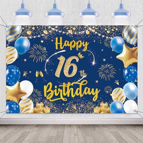 Happy 16th Birthday Backdrop Decorations - Blue and Gold Party Banner Decoration for Boys and Girls, Fabric Photo Backdrop Photography Background for 16 Years Old Party Supplies