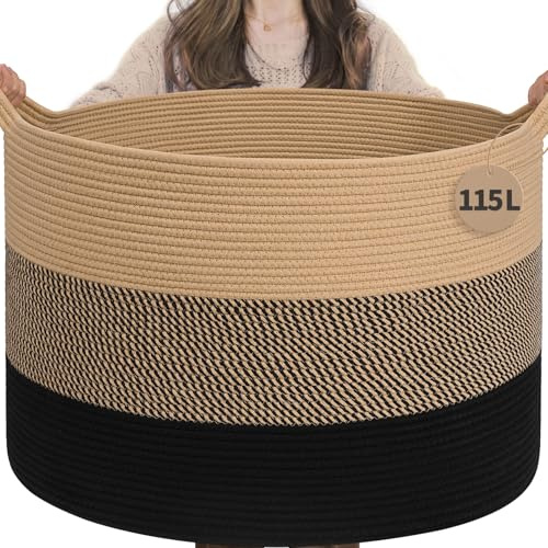 TIMEYARD 85L Large Cotton Rope Basket Blanket Toy Basket Camel Black | 60x40cm Storage Basket for Blankets, Cushions, Toys and Clothes. Decorative Storage for Living Room and Bedroom