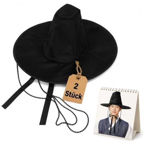 Gatuida 2 Stück Koreanischer Hut Traditionelle mit Perlenband für Herren | Trachtenhut Zylinder Herren Schwarzer Cosplay Hut Kostüm, Zylinder mit Flacher Oberseite Hut für Halloween Bühne Themenpartys