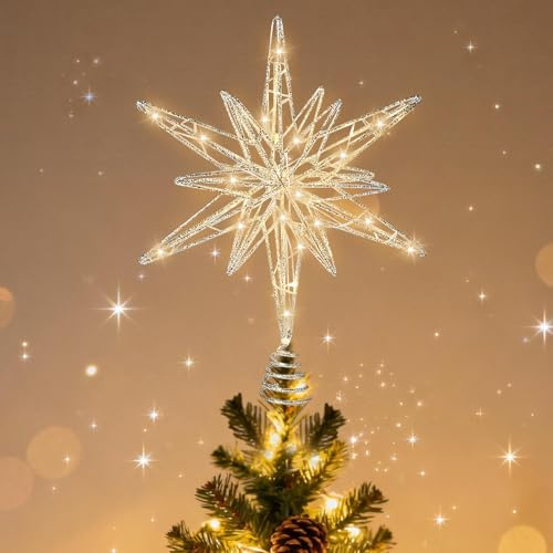 LED Weihnachtsbaumspitze Stern, 30CM Christbaumspitze Stern mit LED Licht Weihnachtsdeko Tannenbaum Spitze Glitzern Weihnachtsbaumspitze Beleuchtet Weihnachtsstern Baumspitze für Weihnachten Deko (C)