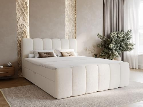GRAINGOLD Cloud Bett, Boxspringbett mit Bettkasten, Polsterbett mit Bonell-Matratze, Bouclé-Stoff, mit Topper, mit Kopfteil (Beige, 180x200)