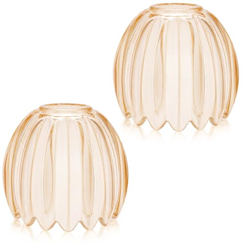 2 Pack Tulip Glass Lamp Shades, 13 x 10.5 cm Easy Fit Ceiling Lampshade | Small Amber Ribbed Flower Pendant Light Shade for Bedroom Living Room Floor Wall Table Lamp Chandelier Decor Replacement