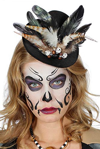 narrenkiste W9623 schwarz Damen Voodoo Mini Hut Steampunk Zylinder mit Knochen und Federn