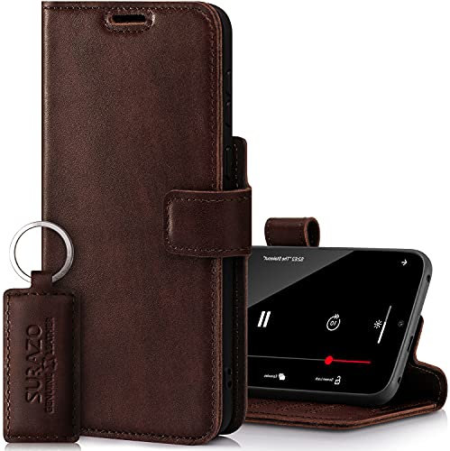 SURAZO Prestige Custodia per Apple iPhone 13 Pro Max – Custodia in vera pelle con funzione di supporto, scomparto per carte di credito, protezione RFID, realizzata a mano in UE (marrone scuro)