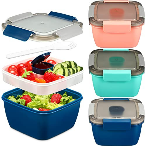 Hotop 4 Pcs Salad Container for Lunch 52 oz Salad Bowls with 4 Compartments Reusable Bento Box with Dressing Container Leak Proof Stackable for Adults Food Fruit Snack(Blue, Green, Pink)