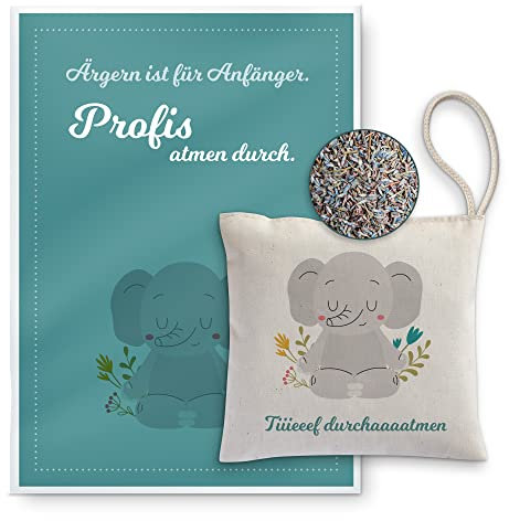 reelax.me Lavendelsäckchen Stoff, Lavendel-Kissen mit Karte, Duftsäckchen als Raumduft u. Mottenschutz, Elefanten Geschenke, Elefantendeko, Glücksbringer, Elefant