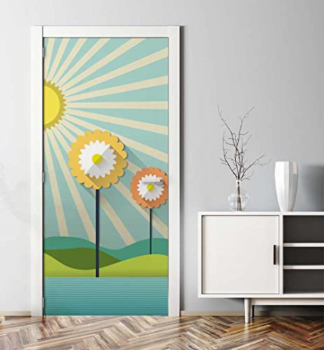 MyMaxxi - Tür bekleben mit Türtapete Türposter Türfolie Selbstklebend 90x200 Blumenfeld in der Sonne - Tür verschönern Türaufkleber Türklebefolie Blüte Landschaft grün