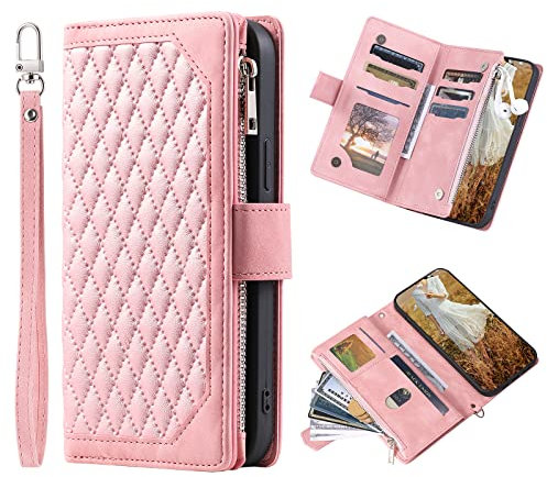 iPhone 14 Phone Case Zipper Pocket Flip Shockproof Leather Folio Wallet Case with 6 Card Holder Slots Stand Silicone Bumper Zip Cover for iPhone 14 Case Girls Women, Rose Gold