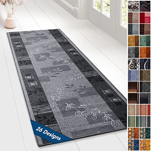 KARAT Moderner Wohnteppich mit Muster - maßgefertigter Teppichläufer - Meterware - Teppich Läufer für Küche, Flur & Wohnraum - Flurteppich - Küchenläufer (67 x 300 cm, Akzent Grau)