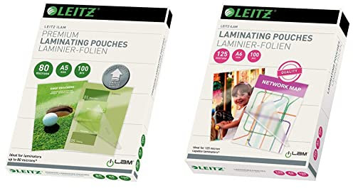 Leitz Heißlaminierfolien, A5, 100er Pack, Glänzend, Transparent, Folienstärke 80 mic, UDT, 74920000 & Heißlaminierfolien, A6, 100er Pack, Glänzend, Transparent, Folienstärke 125 mic, 33806