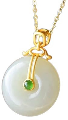 Collier pendentif en jade naturel découpant une amulette porte-bonheur, collier en jade blanc Hetian en argent avec pendentif boucle paisible style palais chinois vintage for femme (couleur: ambre, lo