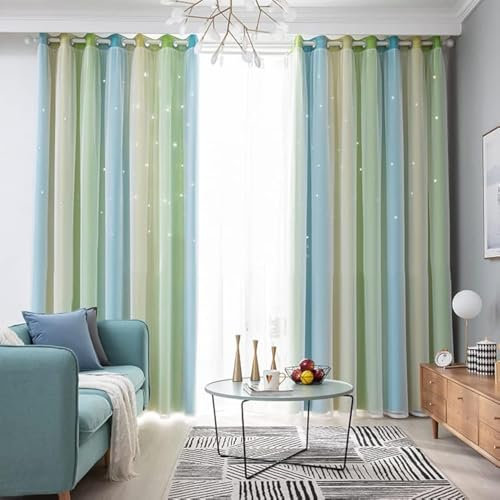 Freyamy Gardinen Grün Blau Weiß Glänzend Sterne Vorhänge Blickdicht Kinderzimmer Halbtransparent H 160 X B 132cm Ösenvorhang 2er Set Mädchen Kindervorhänge Gardinen Verdunkelungsvorhang Wohnzimmer