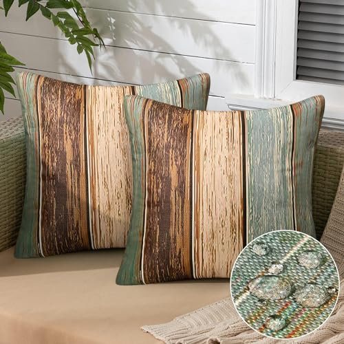 Inhobbok Kissenbezug 45x45 Grün wasserdichte Garten im Freien 2er Set Streifen Kissenbezüge Leinenoptik Outdoor Kissenhülle Blau Grün Braun Beige Vintage Holzstreifen Kissenbezüge für Sofakissen