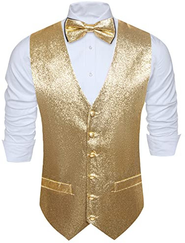 Barry.Wang Chaleco brillante de lentejuelas para hombre, conjunto de pajarita brillante, casual, chaleco para festival, discoteca, fiesta de graduación, dorado, S