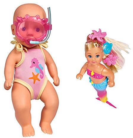 Simba 105030172 - New Born Baby Badepuppe, 30cm, ab 3 Jahren & Simba 105733318 - Evi Love Swimming Mermaid, Evi als Meerjungfrau, kann richtig Schwimmen, mit Fischfigur, 12cm, ab 3 Jahren