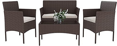 Arreditaly Set Di Mobili da Giardino Salotto Salottino in Rattan 4 Posti con Tavolino E Ripiano In Vetro 2 Poltrone e Divano 2 Posti Per Giardino Esterno Piscina Cuscini Sfoderabili (Brown)