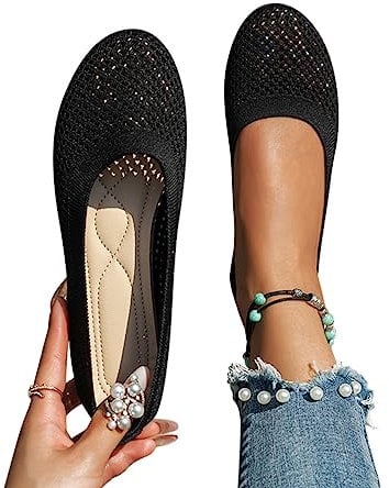 Minetom Damen Ballerina Slip On Schuhe rutschfest Stricken Sneaker Bequem Atmungsaktiv Sommer Sportlich Frauen Flache Schuhe Komfort Flats Schuhe A Schwarz 39 EU