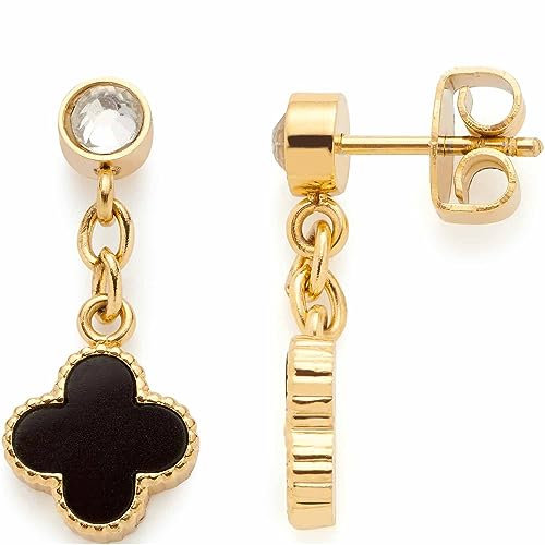 Leonardo Jewels Minelli Damen Ohrstecker Set aus Edelstahl mit Kleeblatt Anhänger aus schwarzem Onyx und Zirkonia, Länge 2,4 cm, Schmuck Geschenk für Frauen 023199