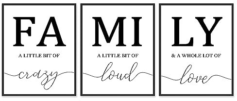 A ART·ZONE Familienplakat Schwarz und Weiß Wandkunst für Wohnzimmer, 8x10 Zoll Leinwanddrucke ungerahmt Satz von 3, Küche Wandposter Flur Decor Kunstdrucke