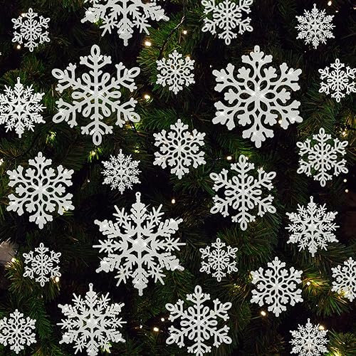 BBTO 48 Stück Große Schneeflocken Deko Hängende Glitzer Schneeflocken Weihnachtsbaumschmuck 3/4/ 5/6 Zoll 3 Stile Kunststoff Übergroße Schneeflocken Baumschmuck mit 164 Fuß Nylonfaden (Weiß)